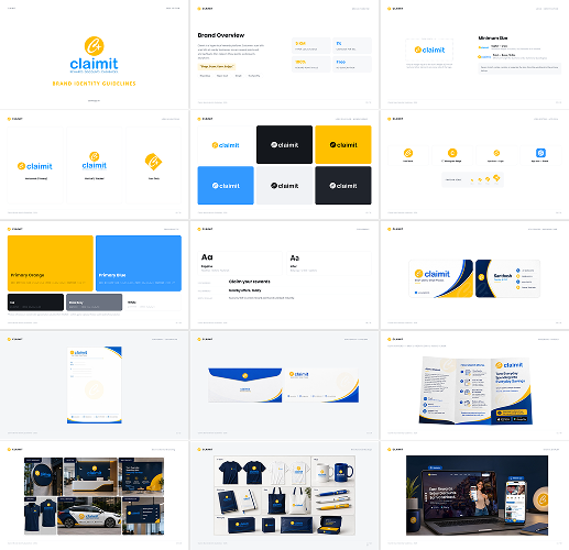 ClaimIt brand identity guideline pages and branded collateral
