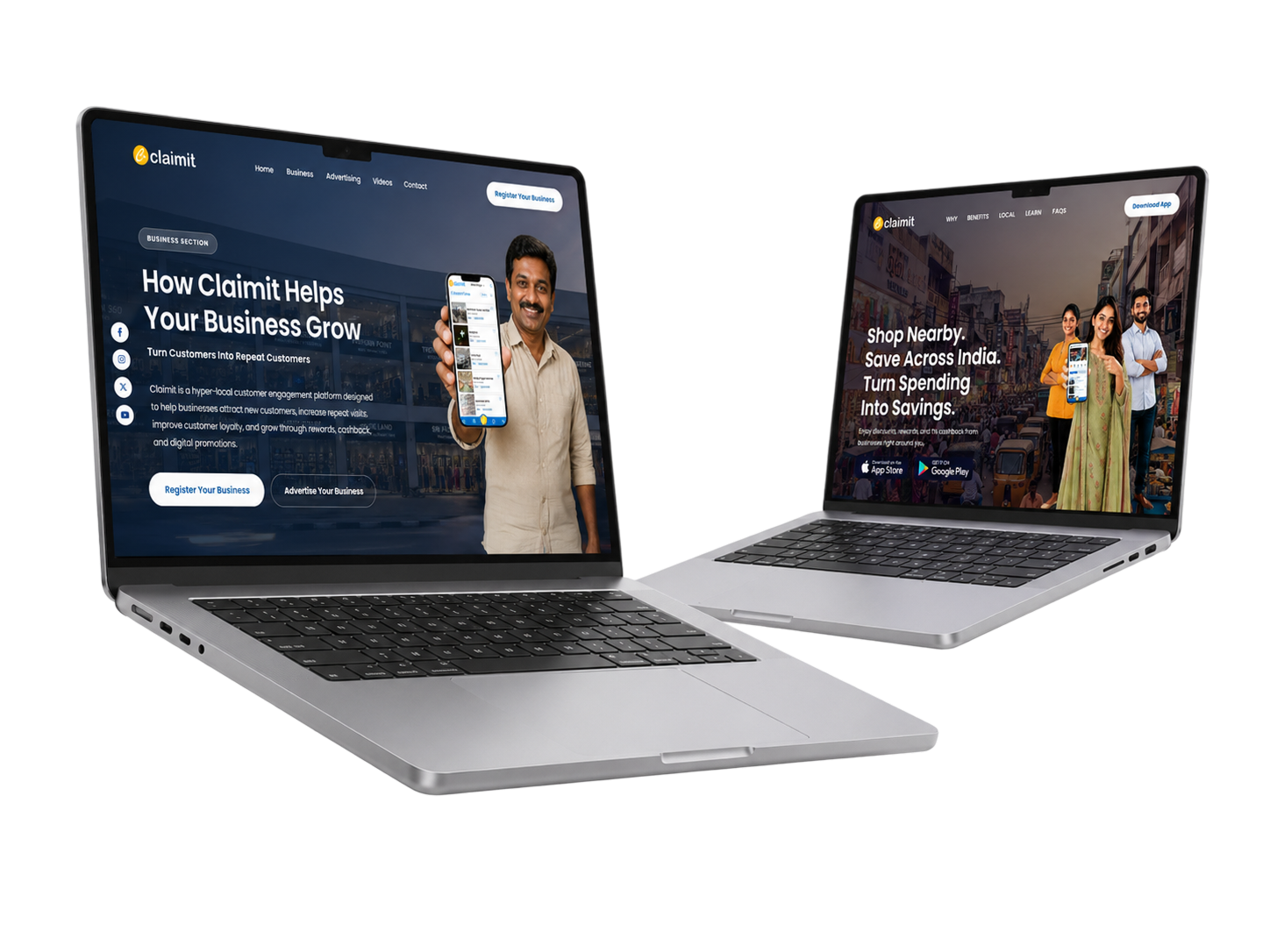 ClaimIt customer and business landing pages shown on laptop mockups
