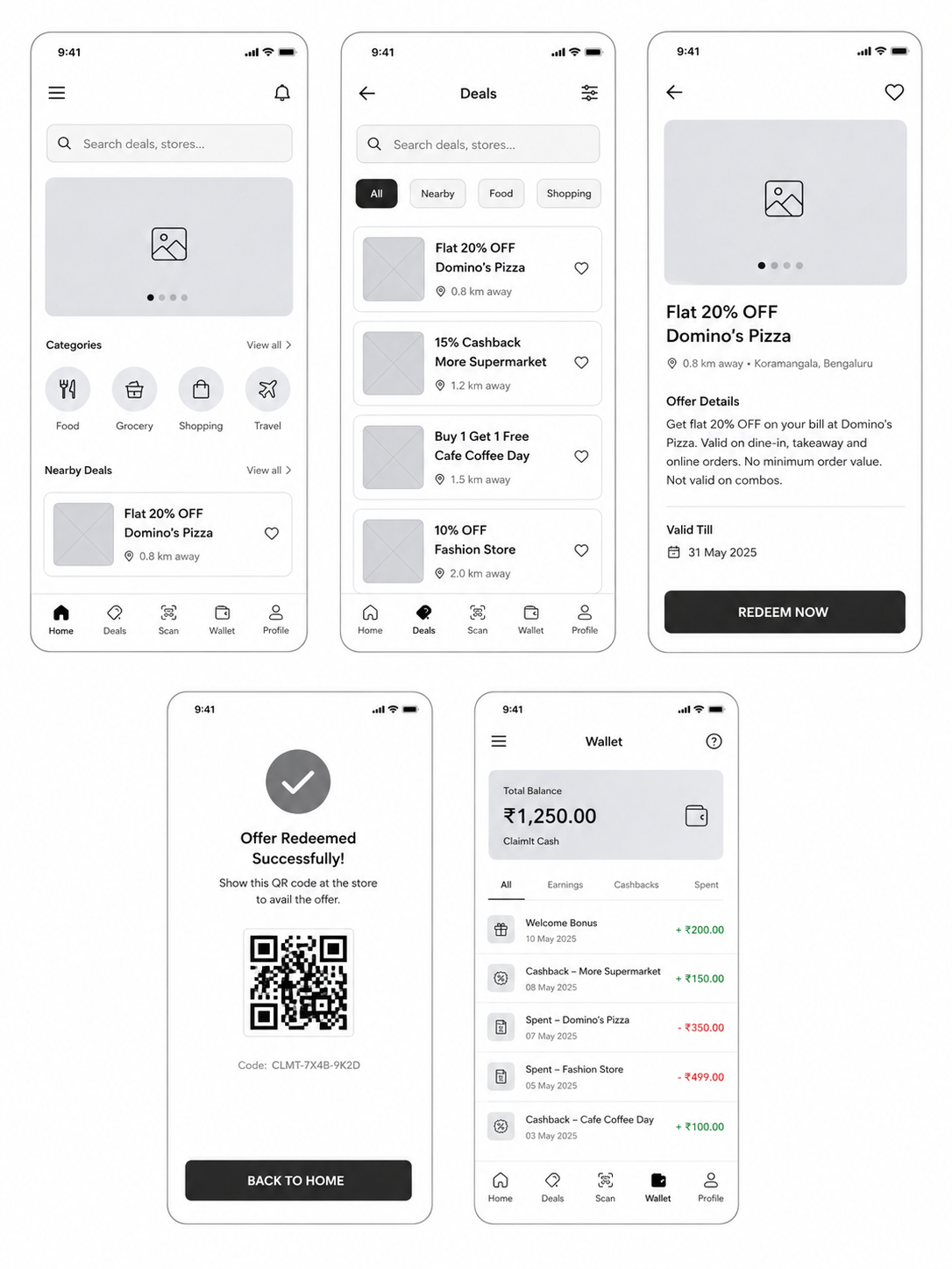 Digital wireframes showing ClaimIt home, deals, offer detail, redemption success, and wallet screens