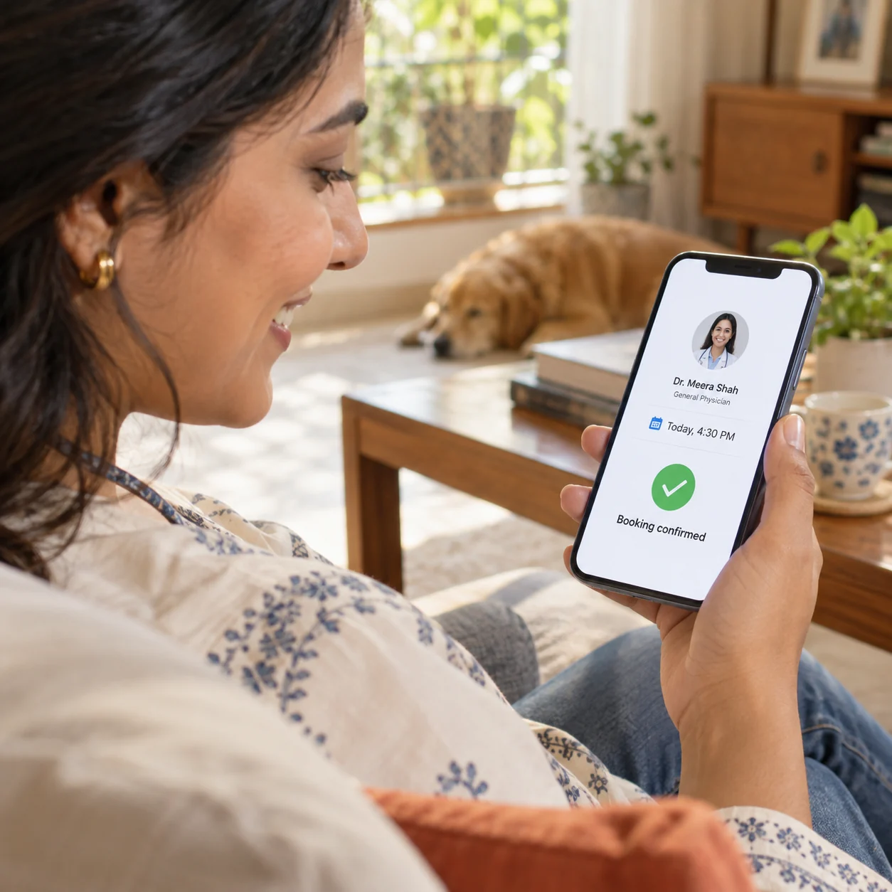 Customer using a finished mobile app to confirm an appointment at home