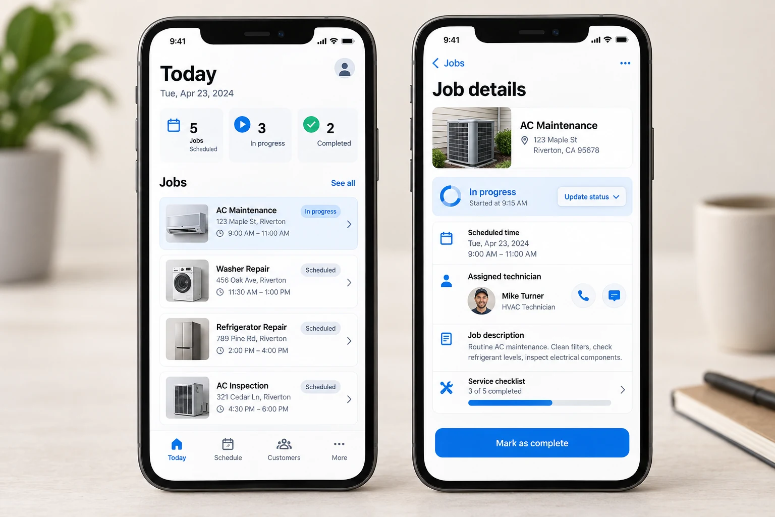 Two phone screens showing a field-service job dashboard and technician job details