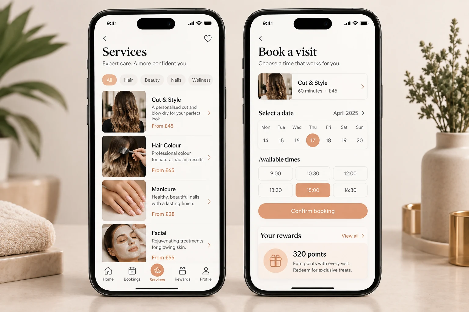 Salon app concept showing service booking, appointment availability and customer rewards
