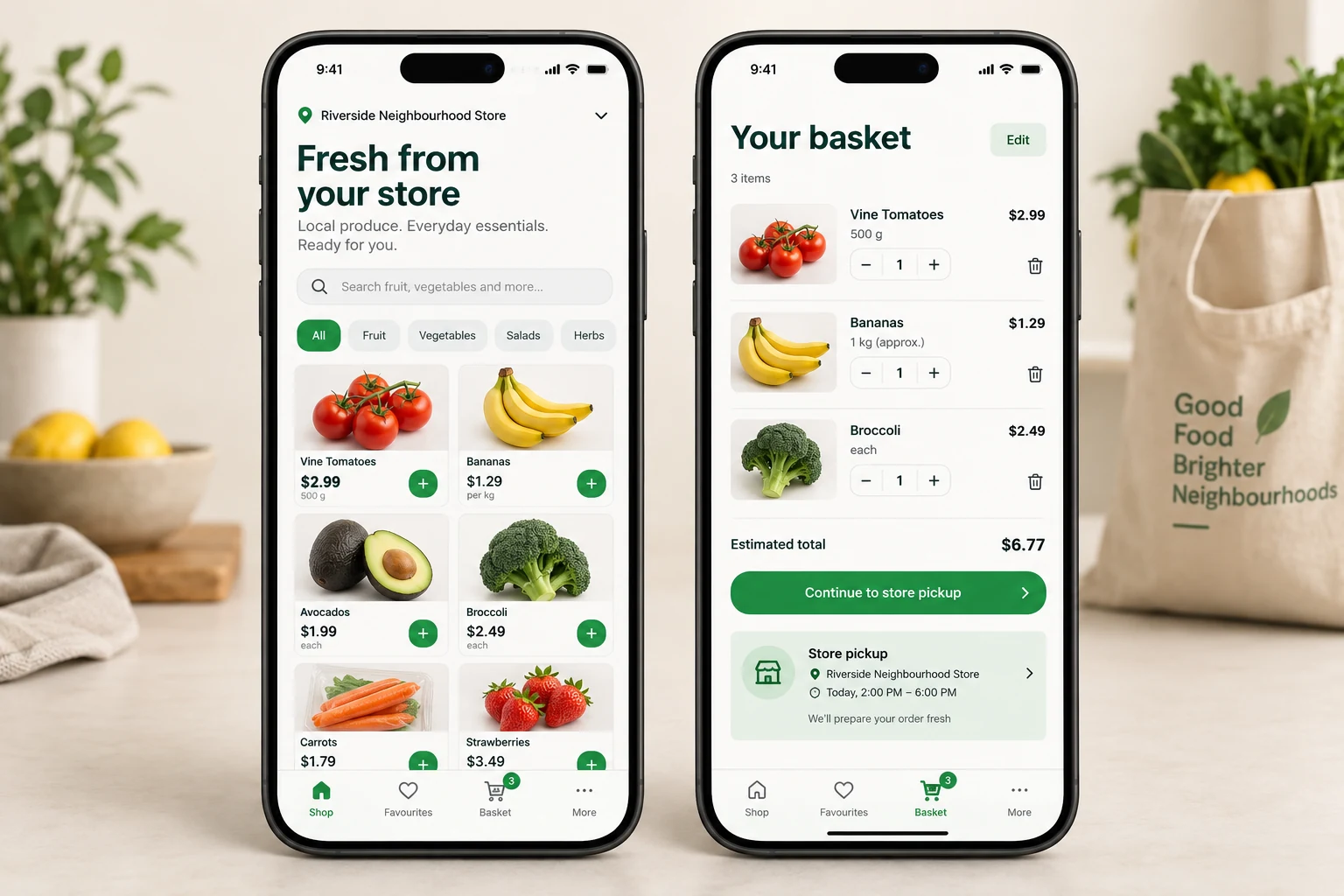 Local grocery app concept showing fresh produce, a shopping basket and store pickup