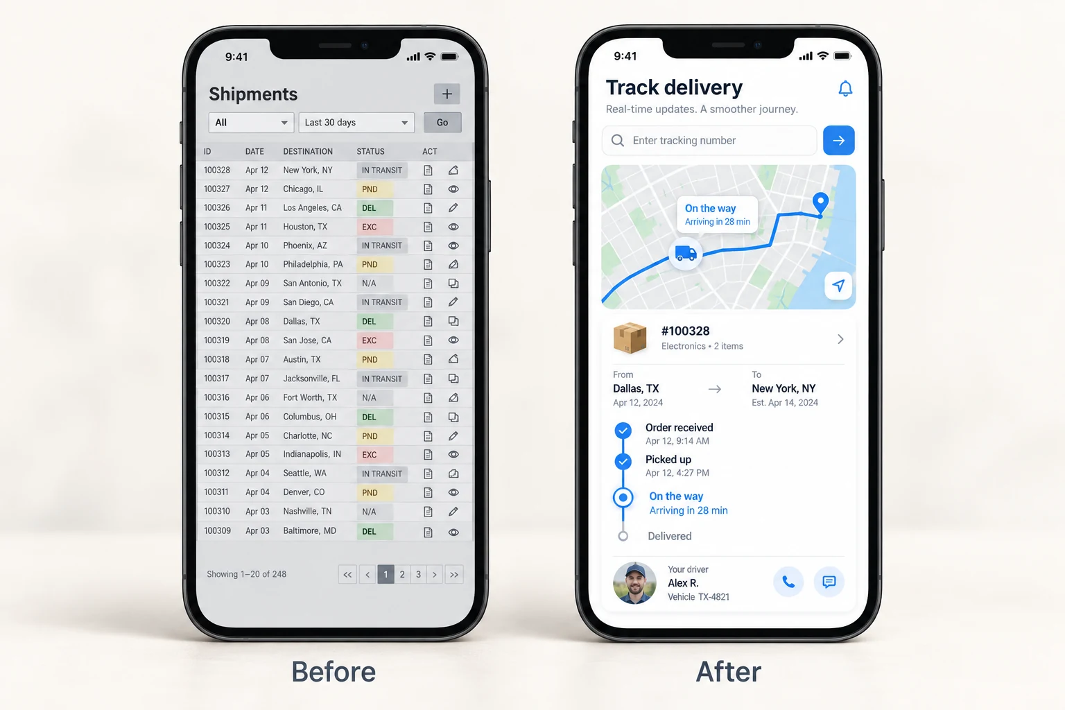 Illustrative before and after comparison of a delivery app, from a crowded list to clear map-based tracking
