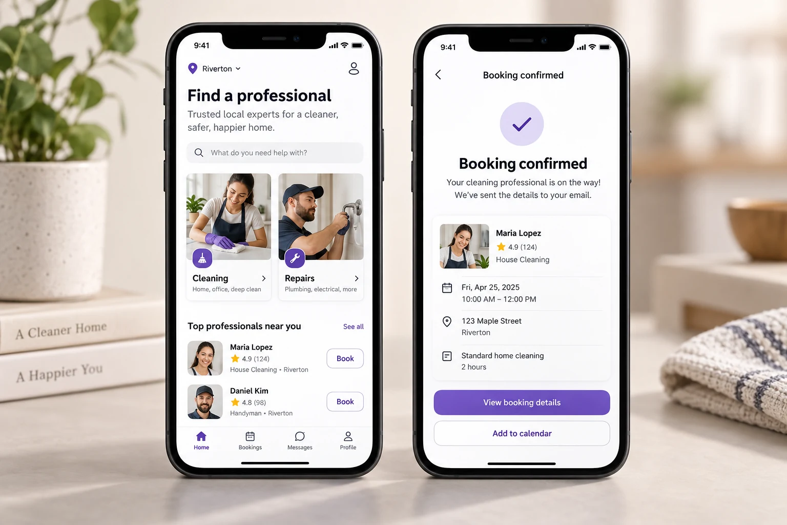 Home-services marketplace concept showing professional discovery and a booking confirmation