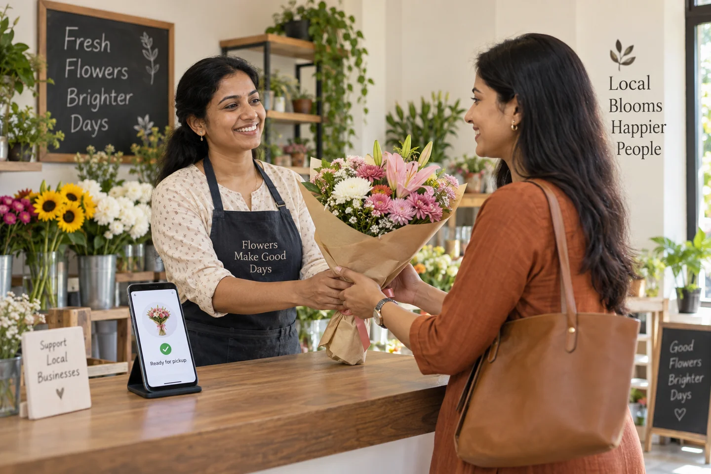 Florist handing a bouquet to a customer beside an app showing the pickup is ready